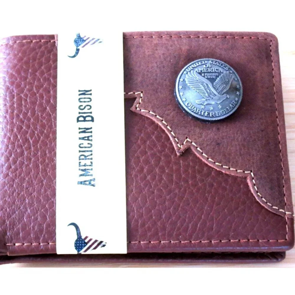 American Bison Men's Eagle Medallion Bifold Rodeo Brown Leather Wallet NEW